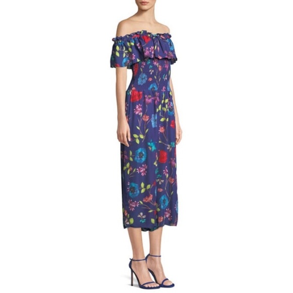 Parker Blue Multicolor Janice Off-the-Shoulder Floral Wide-Leg Jumpsuit EUC Sz 2 - Picture 2 of 10